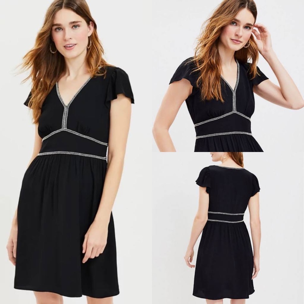 Stitched Trim Flutter V-Neck Dress
